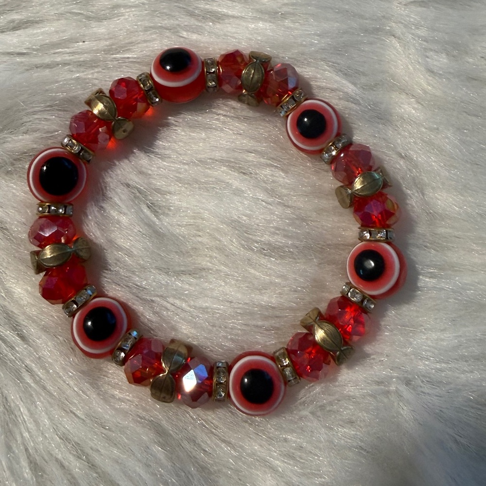 Red Beaded with Black Spotted Stretch Bracelet